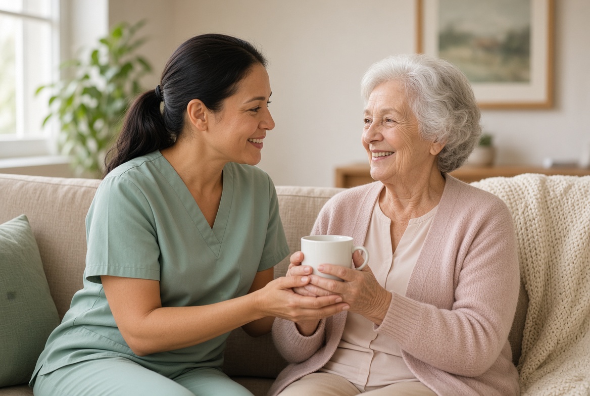 A caregiver sitting with an older adult at home, sharing a warm moment over a cup of tea
