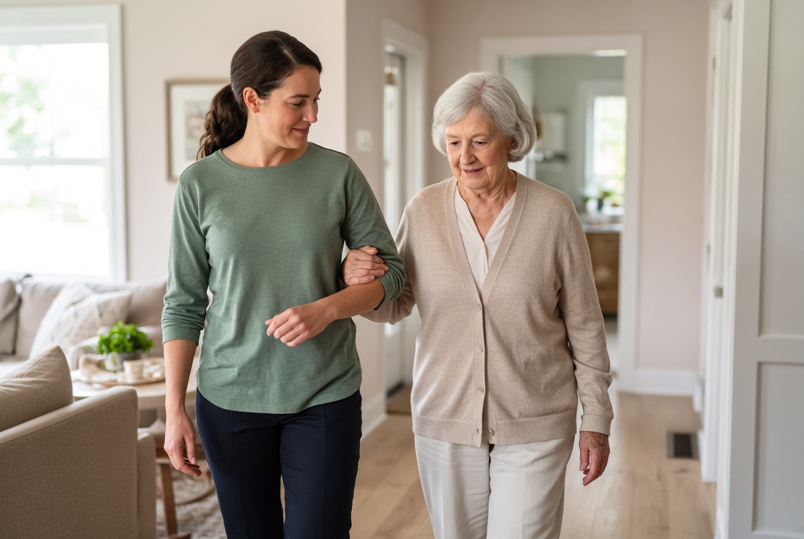 A caregiver offering a steady arm to an older adult walking safely at home